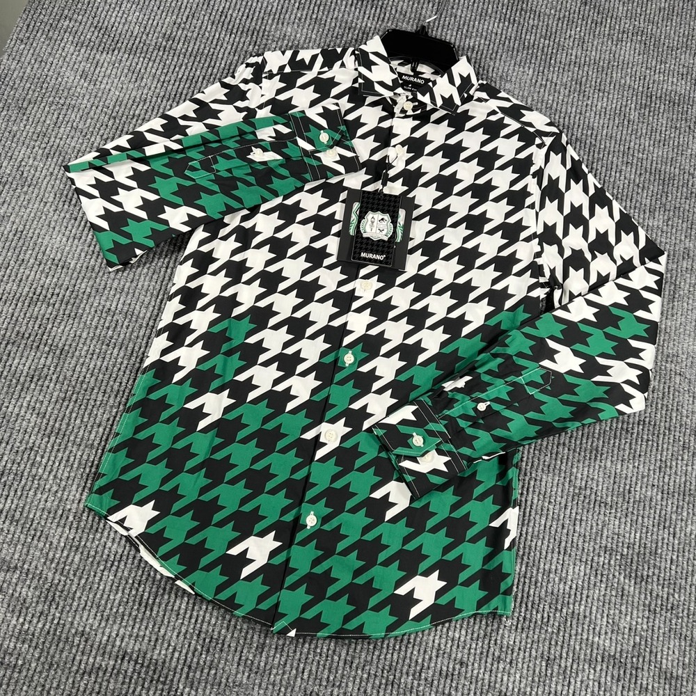 Murano Prehistoric Prep Shirt Mens Small Green White Houndstooth Button Up New